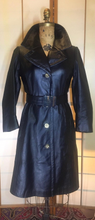 Load image into Gallery viewer, 60s Black Leather Mod Coat- Chic Minimalist Belt Belted Gold Buttons Fit Flare Jackie Kennedy Chic Soft Leather XS S Petite