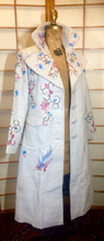 Load image into Gallery viewer, Floral White Leather Trench Spy Coat--Embroidered Floral Bird Pastel Design, Leather Spy Trench Fit Flare Penny Lane Twiggy Afghan M/L