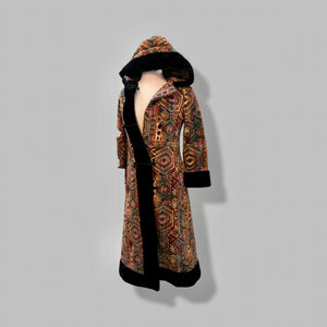 60’s 70’s Vintage Carpet Coat Needlepoint Hooded Sherpa Trim Fit and Flare