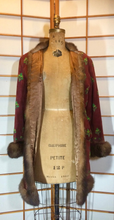 Load image into Gallery viewer, Vtg 70s Red Suede Coat Embroidered Mink Afghan Turkish Coat Carpet Tapestry Wooden Toggle 3/4 Length S/M/L Penny Lane Almost Famous Hippy