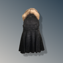 Load image into Gallery viewer, Vintage 70’s Leather Coat with Fox Fur Hood and Cuff Trim Princess Full Flare Skirt Rare OOAK 36/38 Bust Sargent Pepper Double Breasted