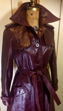 Load image into Gallery viewer, Vintage 70s Leather Coat Spy Trench Belted Fit and Flare Burgundy Oxblood Maroon Reddish Brown S/M