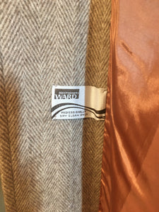 Vintage 70s Women's Coat Herringbone Wool Pattern MASSIVE Shearling Collar Fit Flare