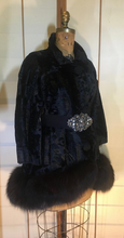 Load image into Gallery viewer, Vintage 60s Coat-- Velvet Genuine Fox Fur Black Swing or Princess Style Faux Persian Lamb Crystal Belt Pinup Mod S/M/L