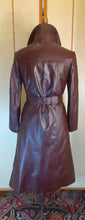 Load image into Gallery viewer, 70s Leather Trench Burgundy Brown Spy Double Breasted Zip In Warmth Liner Fit and Flare