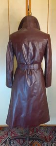 70s Leather Trench Burgundy Brown Spy Double Breasted Zip In Warmth Liner Fit and Flare