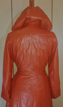 Load image into Gallery viewer, 70s Leather Hooded Trench Spy Duster Long Fit and Flare Orange/Tan Coat S/M Boho Hippie Hippy Chic Hipster