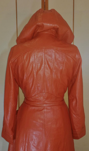 70s Leather Hooded Trench Spy Duster Long Fit and Flare Orange/Tan Coat S/M Boho Hippie Hippy Chic Hipster