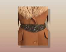 Load image into Gallery viewer, 60’s Caramel Lilli Ann Shearling Fit and Flare Princess Coat with Belt Clutch Purse Set Beaded