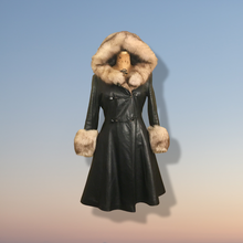 Load image into Gallery viewer, Vintage 70’s Leather Coat with Fox Fur Hood and Cuff Trim Princess Full Flare Skirt Rare OOAK 36/38 Bust Sargent Pepper Double Breasted