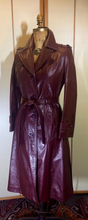 Load image into Gallery viewer, Vintage 70s Leather Coat Spy Trench Belted Fit and Flare Burgundy Oxblood M