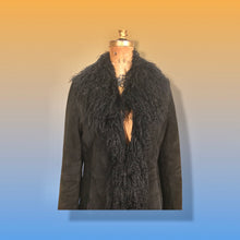 Load image into Gallery viewer, 70’s 80’s Vintage Black Suede Coat Mongolian Curly Lamb Penny Lane Boho Long