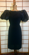 Load image into Gallery viewer, Neiman Marcus Wiggle Dress Rhinestone Puff Sleeve Bow Little Black Dress Mad Men M/L