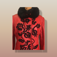 Load image into Gallery viewer, Vintage 70’s 80’s Embroidered Red Leather Coat Black Fox Fur Trim