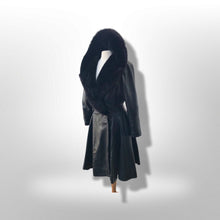 Load image into Gallery viewer, Black Lamb Leather Princess Coat Couture Made in France Massive Shearling Fox Collar