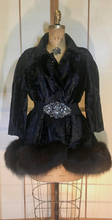 Load image into Gallery viewer, Vintage 60s Coat-- Velvet Genuine Fox Fur Black Swing or Princess Style Faux Persian Lamb Crystal Belt Pinup Mod S/M/L