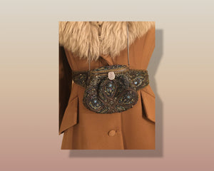 60’s Caramel Lilli Ann Shearling Fit and Flare Princess Coat with Belt Clutch Purse Set Beaded