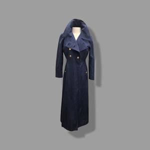 60’s Long Blue Trench Coat Full Length Double Breasted Waterproof Wood Design