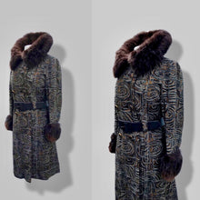 Load image into Gallery viewer, 60’s Mod Vintage Tapestry Wool Carpet Coat Black and Brown with Genuine Fur Trim