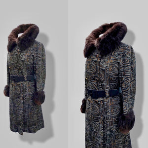 60’s Mod Vintage Tapestry Wool Carpet Coat Black and Brown with Genuine Fur Trim