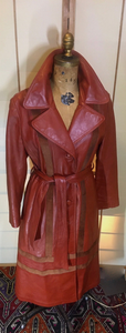 Women's Vintage Coat- 70s Red Leather Trench Brown Suede Inserts Fit Flare Avant Gard Sleek Soft Buttery Leather M/L