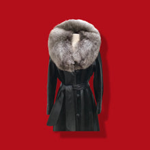 Load image into Gallery viewer, 70’s Spy Trench Black Leather with Suede inlay Fox fur Removable Collar