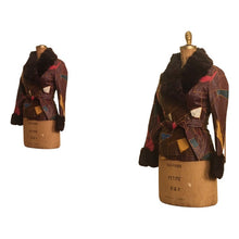 Load image into Gallery viewer, 70s Patchwork Leather Jacket Fur Trim Short Fit Flare Belted Boho Hipster Hippy Fitted