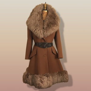 60’s Caramel Lilli Ann Shearling Fit and Flare Princess Coat with Belt Clutch Purse Set Beaded