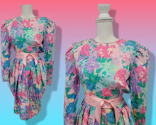 Load image into Gallery viewer, Floral 80’s Dress Silk Pink Blue  Puff Sleeve Pastel Ruched