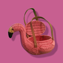 Load image into Gallery viewer, Flamingo Deadstock Wicker Coral Pink Weaved Bag with Leather Strap Basket Purse Picnic Basket