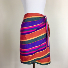 Load image into Gallery viewer, 90s Sarong Wrap Skirt Striped Raw Silk Rainbow Ralph Lauren Size US 8 M/L Ethnic Thai Asian Mod