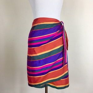 90s Sarong Wrap Skirt Striped Raw Silk Rainbow Ralph Lauren Size US 8 M/L Ethnic Thai Asian Mod