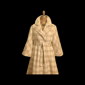 60’s Cream White Plaid Wrap Wool Fit Flare Coat Neutral Natural Colors Belted