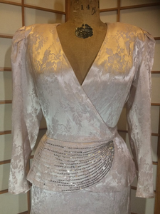 40s Peplum Dress Pink Beaded Dress Powder Fitted Pencil Cut Brocade Suit Jeweled Size M