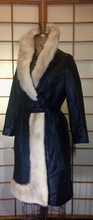 Load image into Gallery viewer, Piano Key Black Leather Trench with Cream Azurene Mink Asymmetrical Trimmed Coat 60s 70s Mod Hippy Pane Lane Almost Famous S/M/L