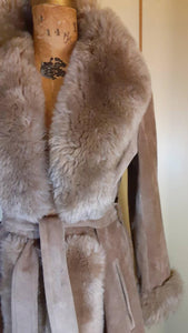 Women's Vintage Coat- 70s Gray Suede Shearling Princess Fluffy Penny Lane Russian Princess Fit and Flare Coat Boho Chic Hippy afghan