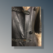 Load image into Gallery viewer, Vintage 70’s Leather Coat with Fox Fur Hood and Cuff Trim Princess Full Flare Skirt Rare OOAK 36/38 Bust Sargent Pepper Double Breasted