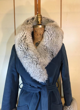 Load image into Gallery viewer, Vintage Coat-60s Blue Shearling and Wool Velvet/Velveteen Fit and Flare Princess Mod Boho Wrap Coat S/M/L Flexible Size