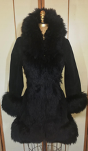 Load image into Gallery viewer, Lilli Ann London 70s Black Suede Shearling Lamb Almost Famous Fit and Flare Russian Princess Petite Penny Lane Coat Small