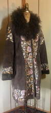 Load image into Gallery viewer, Penny Lane Boho Embroidered Suede Curly Mongolian Lamb Coat Plus Size or Extra Roomy L/XL Almost Famous Pink Floral Flowers Hippy Princess