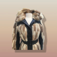 Load image into Gallery viewer, Mosaic mink and Leather in Cappuccino Cream and Chocolate Belted Patchwork Vintage 60’s Coat Jacket