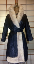Load image into Gallery viewer, Piano Key Black Leather Trench with Cream Azurene Mink Asymmetrical Trimmed Coat 60s 70s Mod Hippy Pane Lane Almost Famous S/M/L