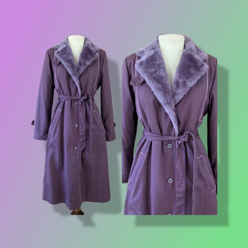 1970’s 1980’s Purple Vintage Trench Coat with Removable Faux Fur Lining Belted Fit and Flare