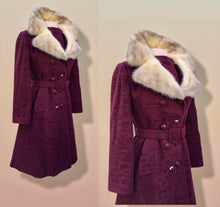 Load image into Gallery viewer, Vintage Wine Maroon Wool Mad Men 60’s Mohair Peacoat with Cross Mink Collar Mod