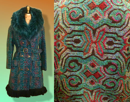 60’s Vintage Peacock Teal Green Carpet Needlepoint Chenille Tapestry Coat Double Breasted Removable Fur Collar