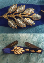 Load image into Gallery viewer, Glam 80s Belt- Elegant Swarovski Austrian Crystal and Pearl Leaf Design Cinch Royal Blue Suede Waist 29"-31"