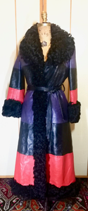 70S Christian Dior Couture Leather Curly Mongolian Lamb Purple Red Horizontal Leather Coat Full Length Hippy Boho Penny Lane Princess