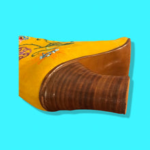 Load image into Gallery viewer, Iconic 70’s Mustard Yellow Suede Floral Embroidered Boots size 7 Wooden Heel