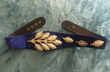 Load image into Gallery viewer, Glam 80s Belt- Elegant Swarovski Austrian Crystal and Pearl Leaf Design Cinch Royal Blue Suede Waist 29"-31"