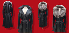 Load image into Gallery viewer, 70’s Spy Trench Black Leather with Suede inlay Fox fur Removable Collar